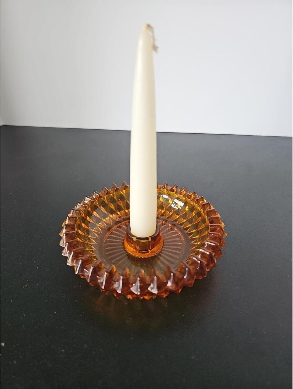 Vintage Indiana Glass Tiara Amber Diamond Point Candlestick Holder